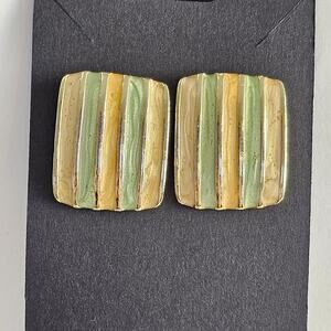 Vintage Pierced Enamel Earrings Green Gold Striped Rectangle Studs Retro 1980s